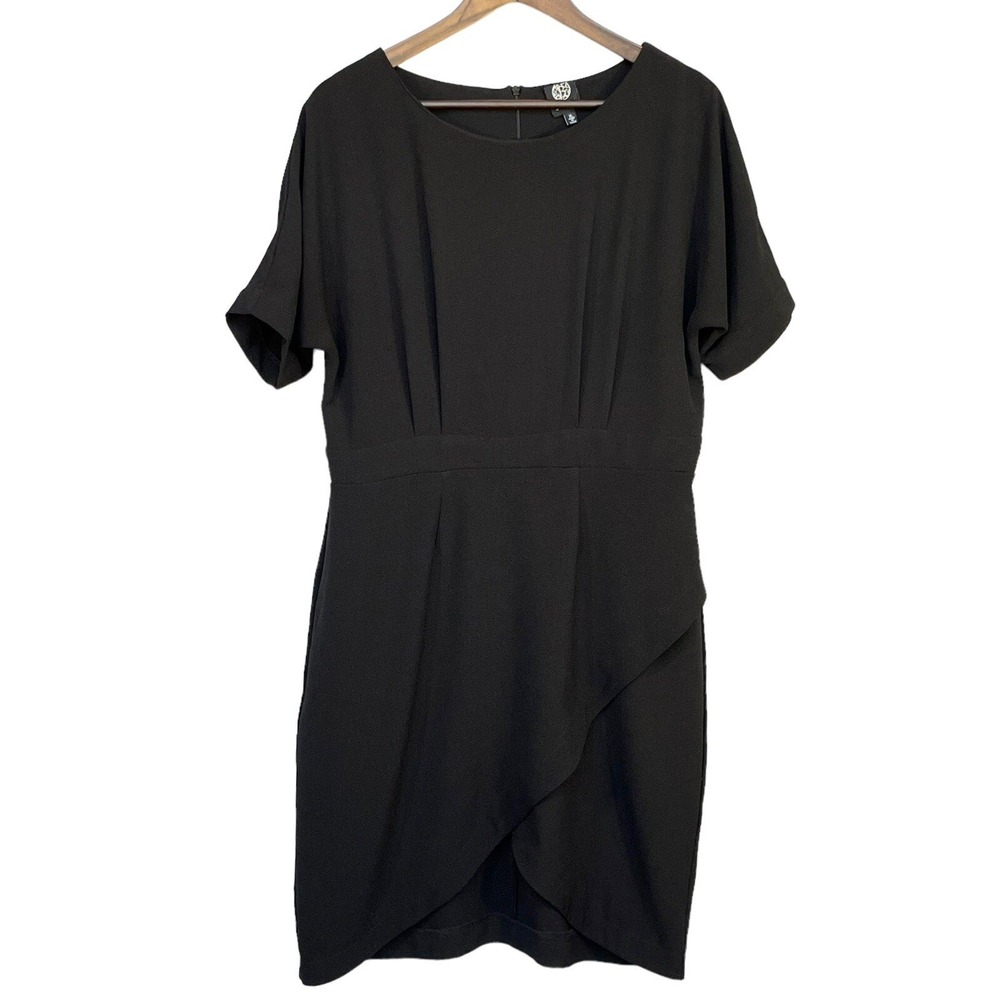 Bobeau Sheath Dress Women XL Black Tulip Hem Pleated Short Sleeve Excellent
